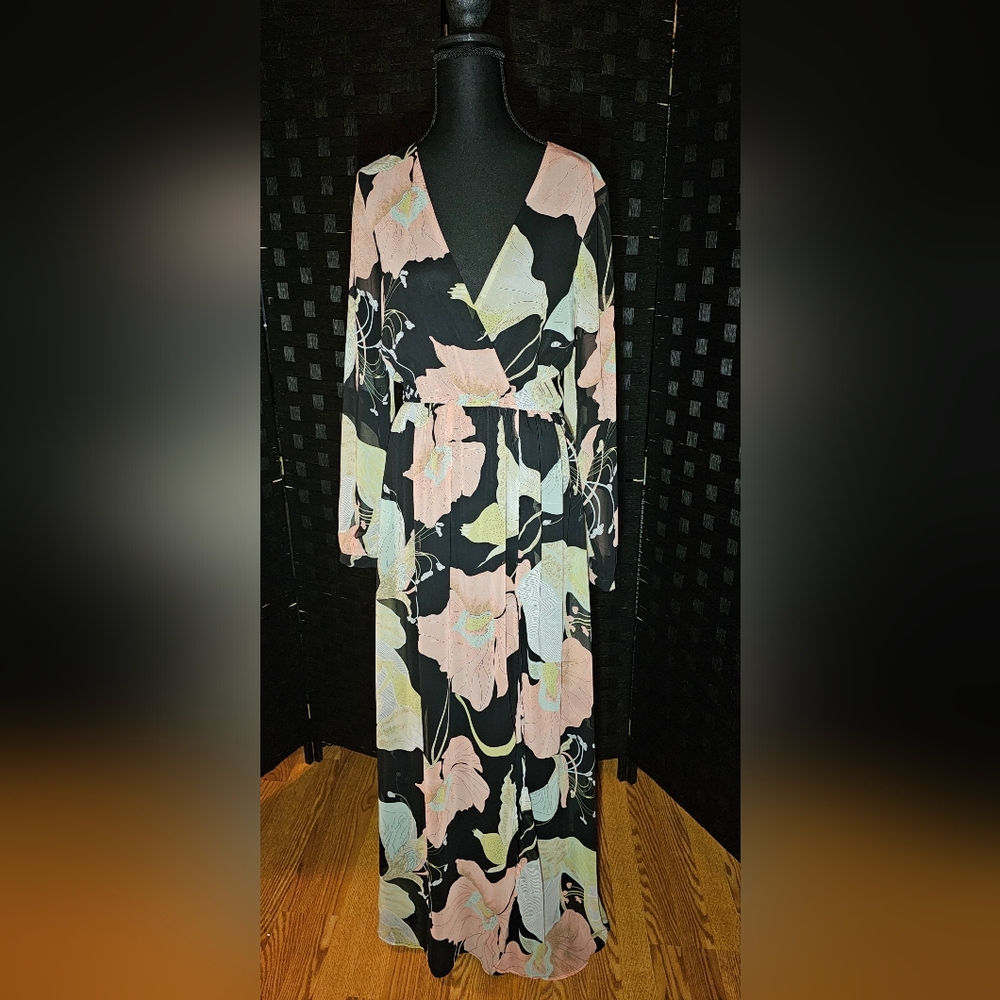 Lulu's Black and Pink Floral Long Sleeve Dress